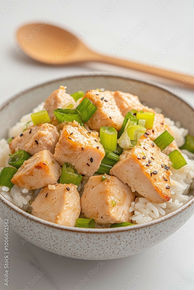 Close-Up of Teriyaki Chicken Rice Bowl with Green Onions Close-Up of Teriyaki Chicken Rice Bowl with Green Onions
