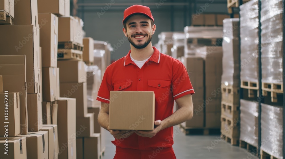 Smiling Warehouse Worker in Red Uniform with Packages Smiling Warehouse Worker in Red Uniform with Packages