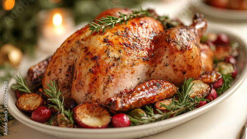 Roasted turkey on a dish, isolated on a white background.