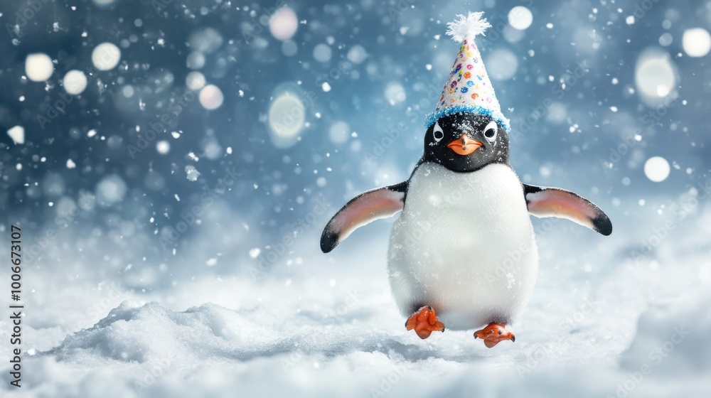 Penguin wearing a birthday hat, running happily across the icy snow, celebrating with a cute and playful winter backdrop. Penguin wearing a birthday hat, running happily across the icy snow, celebrating with a cute and playful winter backdrop.