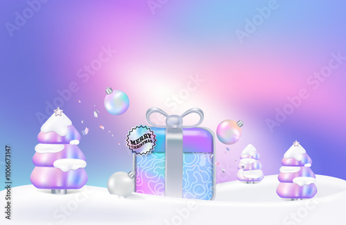 Merry christmas gift box rendering with gradient pastel fancy ball cover background. New Year gift box decoration. illustration vector premium.