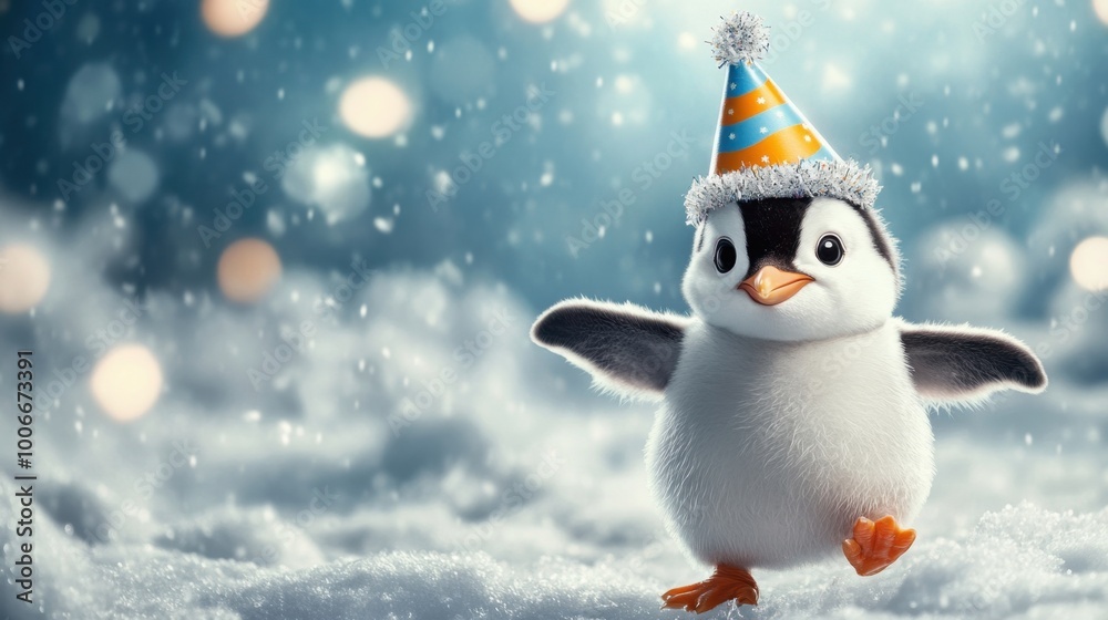 Penguin wearing a birthday hat, running happily across the icy snow, celebrating with a cute and playful winter backdrop. Penguin wearing a birthday hat, running happily across the icy snow, celebrating with a cute and playful winter backdrop.