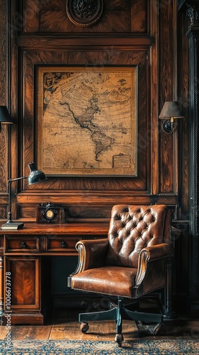 Elegant wooden office with a vintage map, a comfortable leather chair, and a warm atmosphere perfect for inspiring creativity.