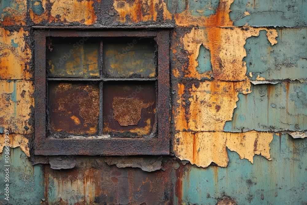Rusted Window Frame on Weathered Metal Wall Rusted Window Frame on Weathered Metal Wall