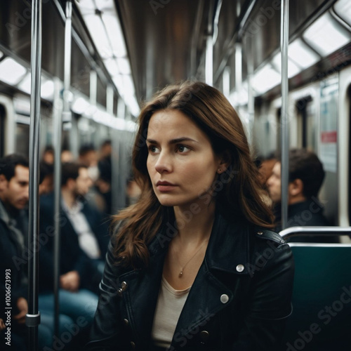 In a crowded subway car, a woman sits pensively, surrounded by other commuters engrossed in their own worlds during the busy morning rush hour. Generative AI photo