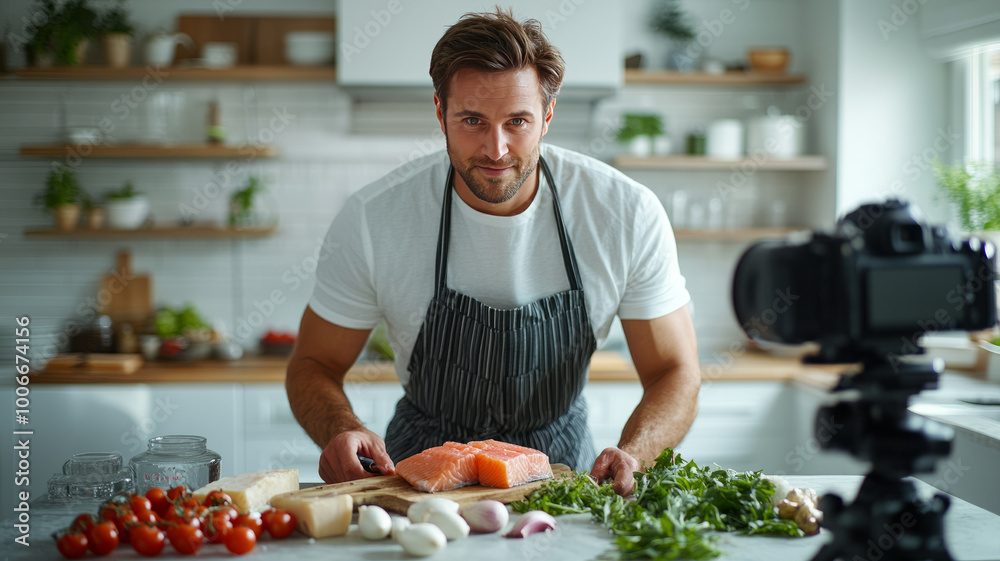 Amateur chef recording in a bright kitchen, happy and focused.