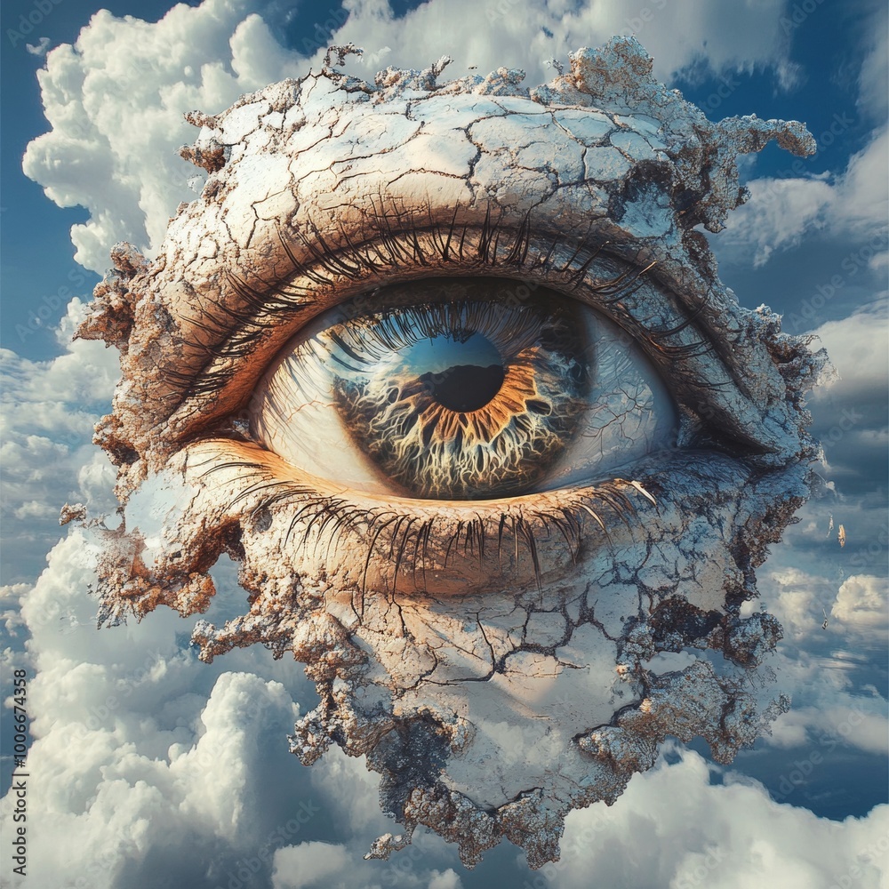 Surreal Giant Blue Eye in a Dreamlike Landscape with Clouds Stock ...
