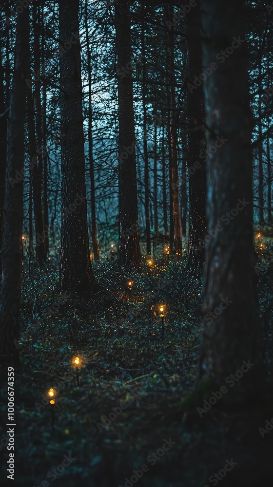Fototapeta premium Enchanting forest scene illuminated by soft glowing lights, creating a mystical atmosphere amidst dark, towering trees.