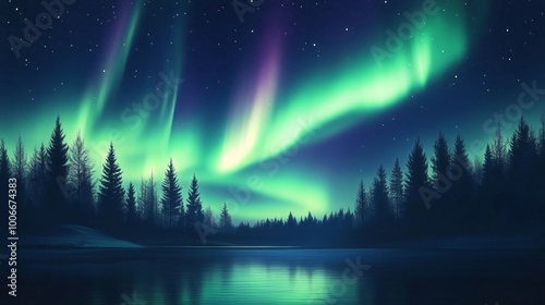 Northern lights Aurora borealis in the dark night sky fantastic illustration 