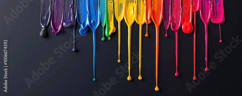 Rainbow-colored splash of paint across a black background, bold and expressive, rainbow, paint, artistic creativity and emotion