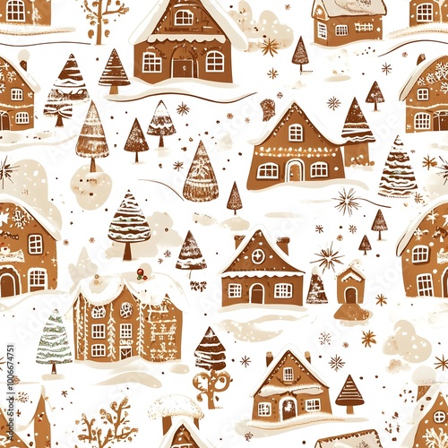 Gingerbread Village on Christmas, New year and other holidays with seamless pattern.