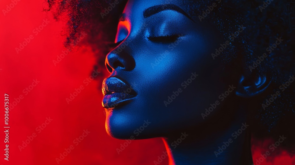 A striking portrait using bold red and blue lighting effects to highlight the contours and emotions of the subject. A striking portrait using bold red and blue lighting effects to highlight the contours and emotions of the subject.