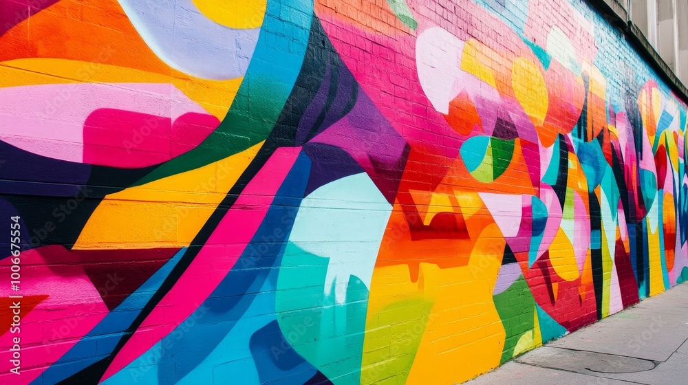 Fototapeta premium The image depicts a vibrant and colorful street art mural, showcasing dynamic geometric shapes and vivid tones on a wall.