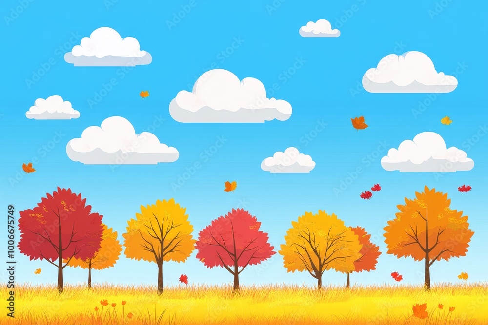 Fototapeta premium Stunning autumn forest landscape. Stunning autumn trees, colorful leaves on the grass, and a blue sky with clouds.
