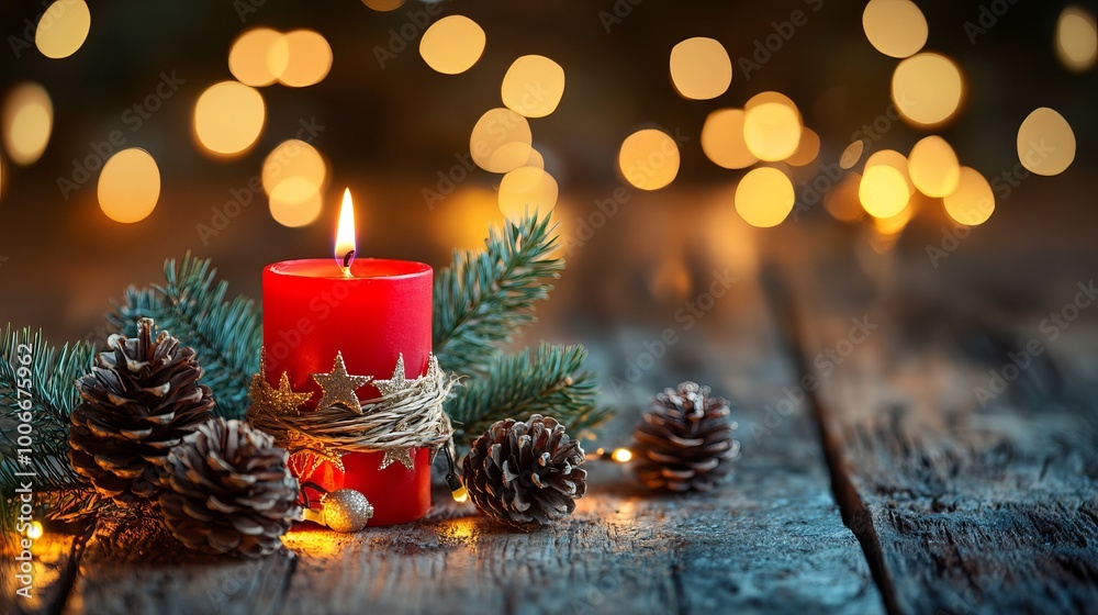 First Advent Sunday Celebration with Red Candle, Pine Cones, and Natural Christmas Decorations on Rustic Wooden Table with Festive Magic Lights First Advent Sunday Celebration with Red Candle, Pine Cones, and Natural Christmas Decorations on Rustic Wooden Table with Festive Magic Lights