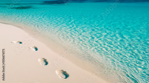 Footsteps leading across pristine white sand, with a backdrop of crystal-clear azure water.