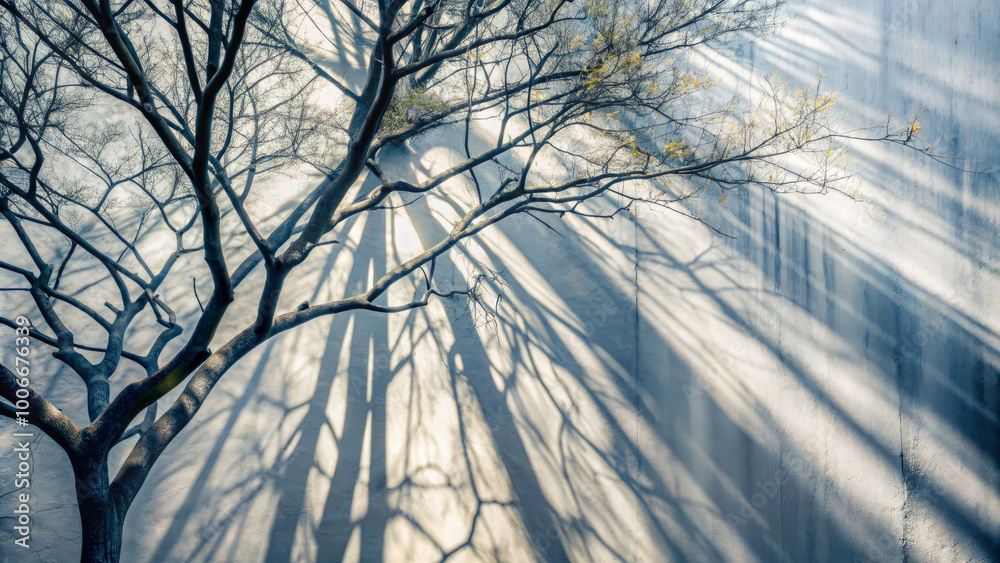 Obraz premium serene view of tree branches casting intricate shadows on textured white wall, creating beautiful interplay of light and shadow. scene evokes sense of calm and tranquility