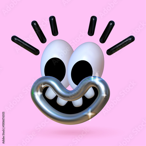 Funny 3D face. Playful character with a wide smile, metallic lips, reflective texture.