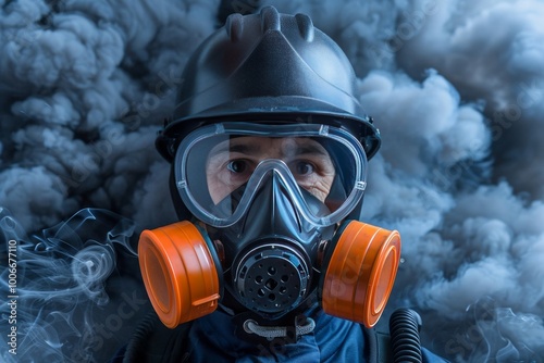 Worker in yellow safety gear with mask and goggles amidst dark smoke background for text space photo