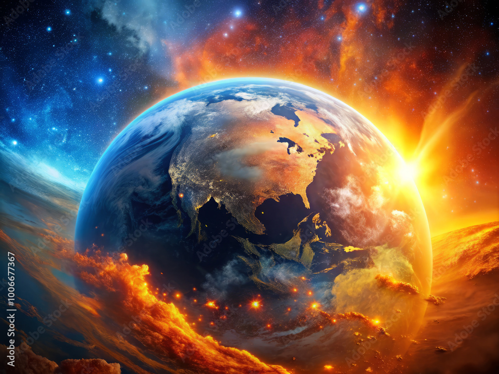 Fototapeta premium stunning view of Earth illuminated by vibrant sunrise, showcasing planets continents and swirling clouds against backdrop of cosmic colors. scene evokes sense of wonder and beauty