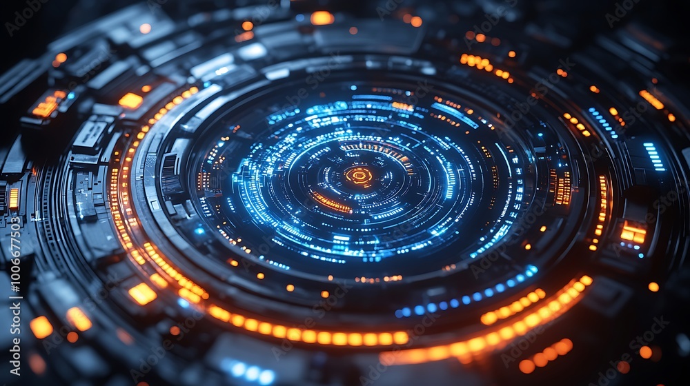 Abstract Futuristic Technology Background with Glowing Blue and Orange Lights Abstract Futuristic Technology Background with Glowing Blue and Orange Lights