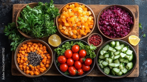 A colorful assortment of fresh vegetables like diced carrots, cherry tomatoes, cucumbers, displayed in bowls, showcasing culinary vibrancy and health. photo