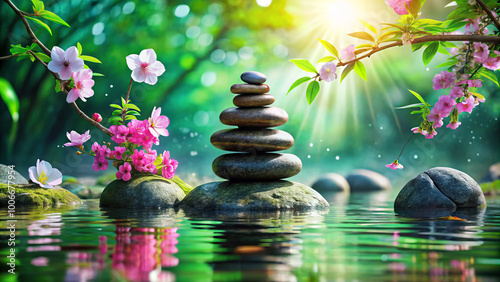 serene arrangement of stacked stones surrounded by vibrant flowers reflects tranquility in peaceful water setting. gentle sunlight enhances calming atmosphere