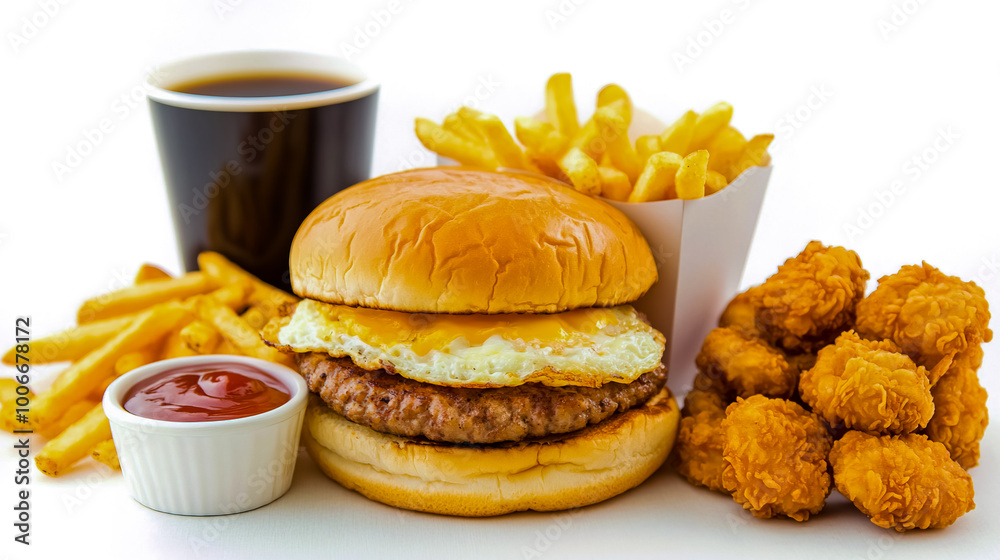 Fast food breakfast menu, featuring a breakfast sandwich with egg, cheese, and sausage in a fluffy bun, alongside a serving of crispy fries, a cup of coffee, chicken nuggets, and a dipping sauce. Fast food breakfast menu, featuring a breakfast sandwich with egg, cheese, and sausage in a fluffy bun, alongside a serving of crispy fries, a cup of coffee, chicken nuggets, and a dipping sauce.