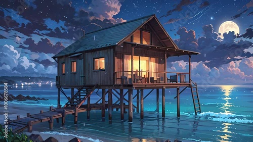 Charming wooden house on stilts by the ocean, illuminated under the moonlight with a starry sky creating a tranquil seaside atmosphere, lofi style manga cozy chill relaxing created with generation ai