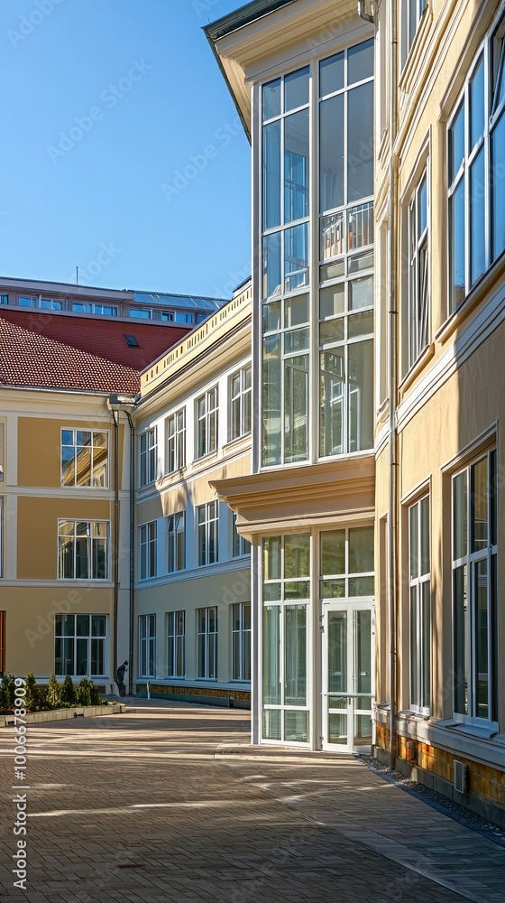 Naklejka premium Modern building with large windows and a clean facade, showcasing contemporary architectural design in bright sunlight.