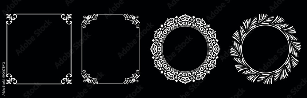 Set of decorative frames Elegant vector element for design in Eastern style, place for text. Floral black and white borders. Lace illustration for invitations and greeting cards.