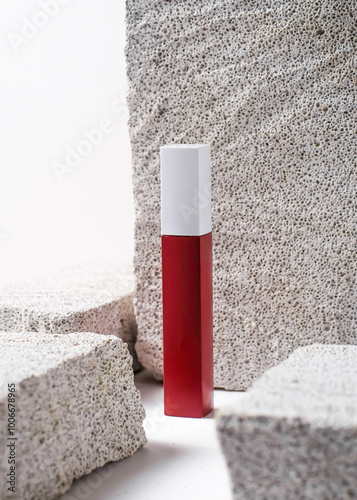 Elegant Red Lipstick Tube on White Stone Background - Minimalist Makeup Mockup photo