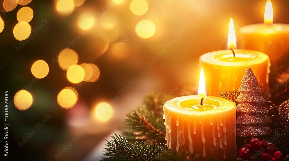 Warm and Cozy Christmas Candles Surrounded by Twinkling Lights on a Festive Background Warm and Cozy Christmas Candles Surrounded by Twinkling Lights on a Festive Background