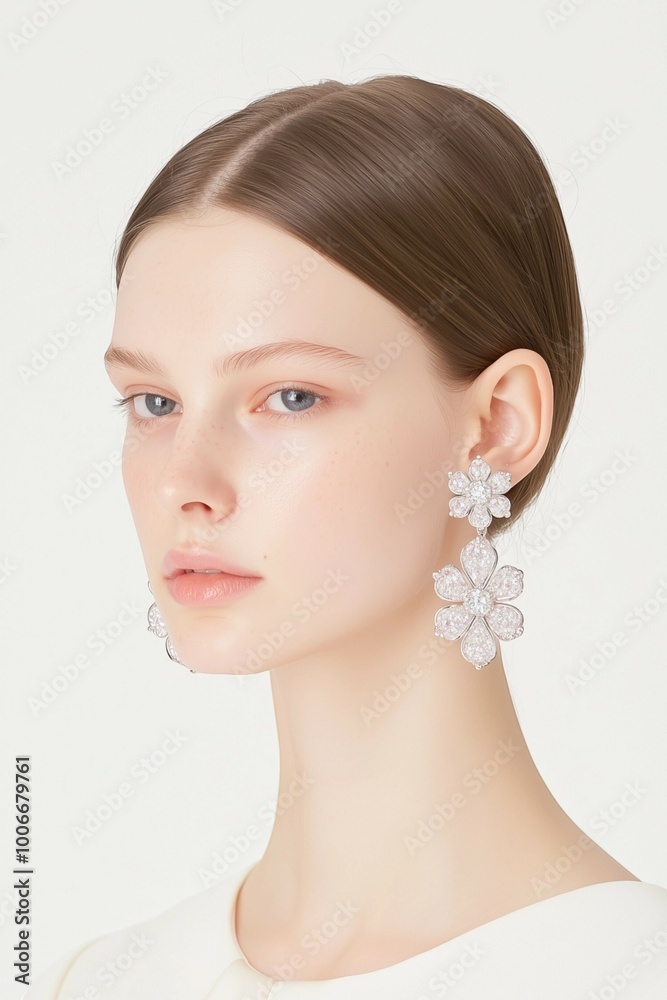 Elegant Portrait of a Woman with Flower Earrings and Glossy Lips Elegant Portrait of a Woman with Flower Earrings and Glossy Lips