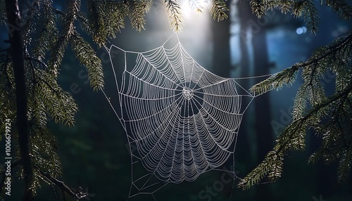 Intricate spider web glistening in morning light between tree branches in a serene forest. Generative AI