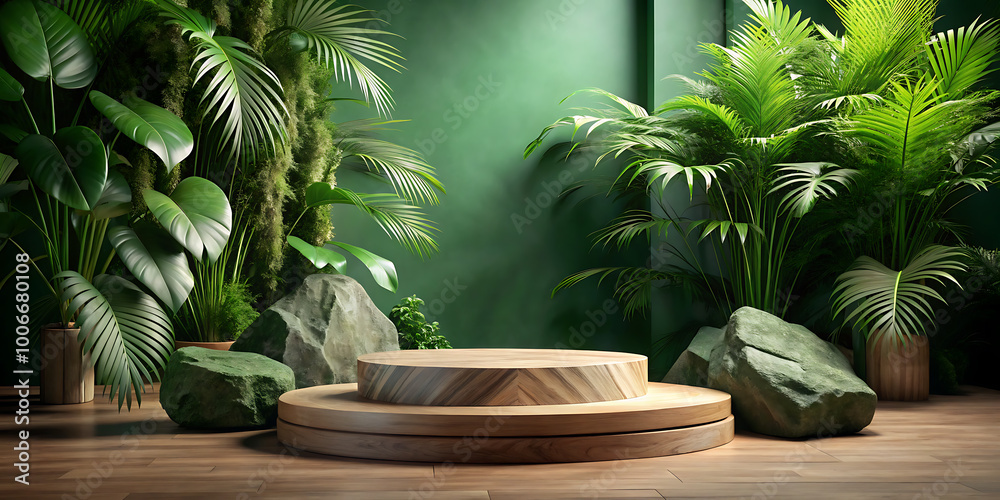 Podium background product forest green display platform wood stone 3d garden rock Podium background product forest green display platform wood stone 3d garden rock