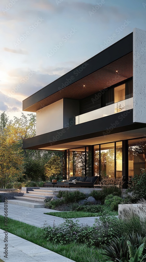 custom made wallpaper toronto digitalModern house exterior with elegant design, surrounded by vibrant greenery and soft evening light, showcasing contemporary architecture.
