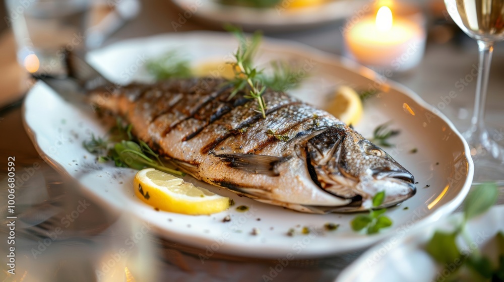 Grilled fish with lemon on a white plate, served elegantly for a gourmet dinner experience. Grilled fish with lemon on a white plate, served elegantly for a gourmet dinner experience.