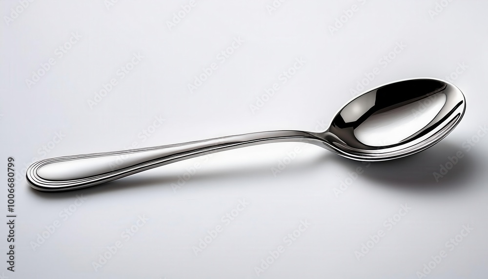 Close-Up of a Shiny Stainless Steel Spoon on a Smooth Reflective Surface. Elegant Minimalist Kitchenware with Curved Handle and Polished Finish for Dining and Culinary Concepts