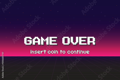 Game Over, Retro games for game assets in retro futuristic sci-fi background vector illustration. Glowing neon from an old arcade
