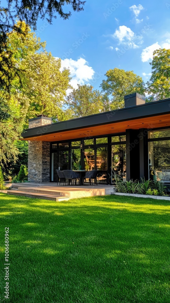 Modern house with sleek design and spacious patio surrounded by lush greenery under a clear blue sky. Modern house with sleek design and spacious patio surrounded by lush greenery under a clear blue sky.