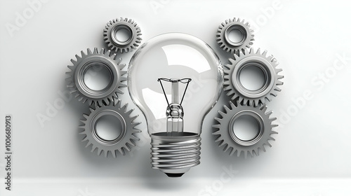 3D Gears and Lightbulb Icon - Innovative Leadership Concept on White Background for Business Infographics and Creative Presentations