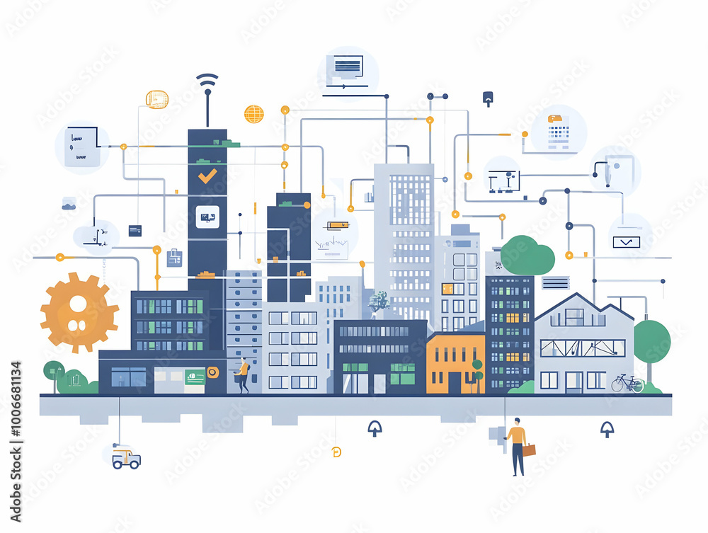 Obraz premium Flat Vector Illustration of AI-Driven Circular Economy System: Close-Up of AI Processor Managing Material Flow Transformation from Linear to Circular Model