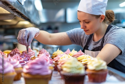 Skilled pastry chef perfecting colorful cupcakes in a modern bakery kitchen photo