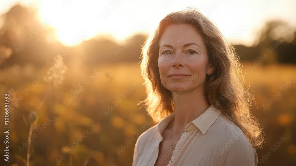 Woman Smiling in a Sunlit Field Woman Smiling in a Sunlit Field