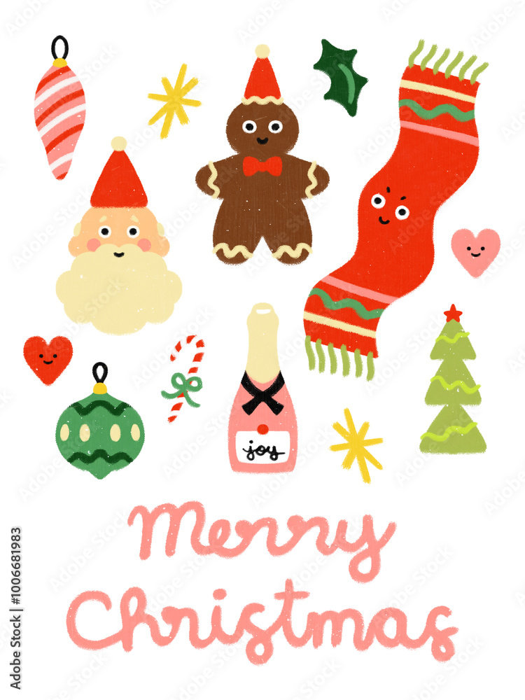 Naklejka premium super cute Christmas icons hand-drawn adorable characters trendy simple illustration Christmas decoration celebration ornaments candy cane stars transparent background Merry Christmas