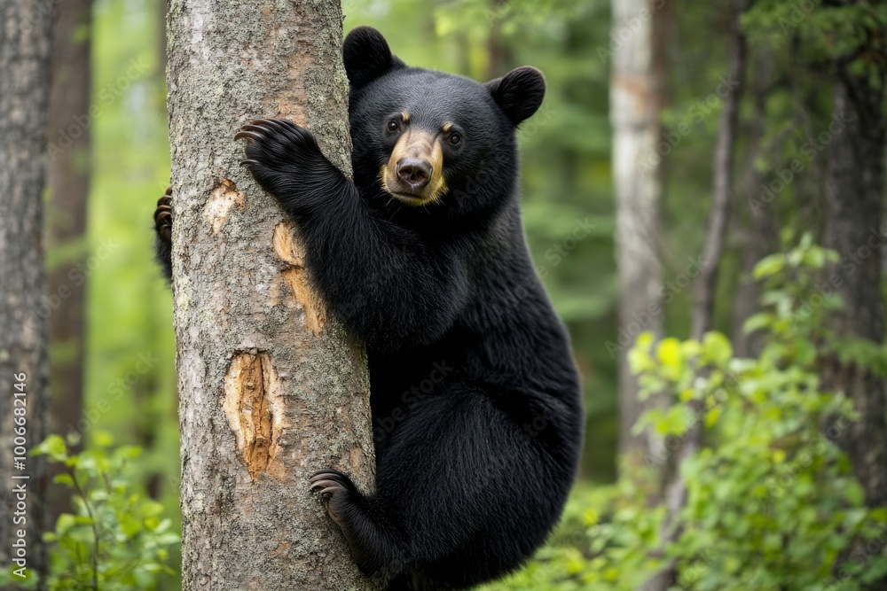 Obraz premium Majestic black bear climbing a tree in lush forest