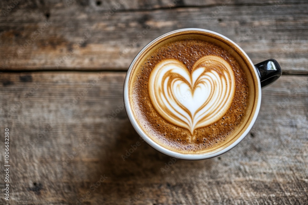 Heart-shaped latte art on rustic wooden table Heart-shaped latte art on rustic wooden table