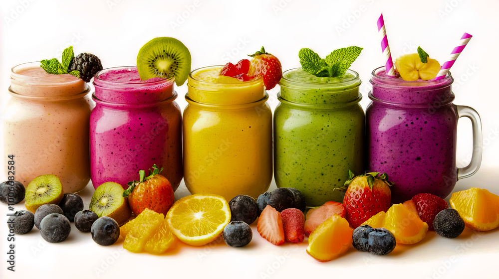 Colorful smoothies in mason jars, topped with fresh fruits. Colorful smoothies in mason jars, topped with fresh fruits.