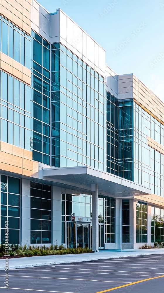 Modern office building with glass facade and sleek design, ideal for corporate imagery and business themes. Modern office building with glass facade and sleek design, ideal for corporate imagery and business themes.